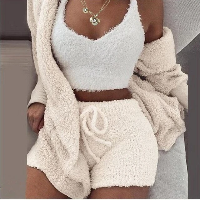 Women's Hooded Pajama Sets 3 Pieces Fluffy Fleece Long Sleeves Coat Shorts Vest For Winter Gift For Valentine's Day 8 Women's Hooded Pajama Sets 3 Pieces Fluffy Fleece Long Sleeves Coat Shorts Vest For Winter Gift For Valentine's Day - Image 8