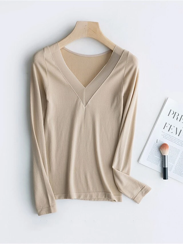 Women's Delong Thermal Shirt Top Pure Color Warm Simple Casual Home Daily Going Out Nylon Warm V Wire Long Sleeve Fall Winter Black Camel 7 Women's Delong Thermal Shirt Top Pure Color Warm Simple Casual Home Daily Going Out Nylon Warm V Wire Long Sleeve Fall Winter Black Camel - Image 7