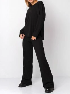 Women's Rib Knit Lounge Sets Pure Color Casual Comfort Soft Home Street Daily Polyester Breathable Crew Neck Long Sleeve Pant Elastic Waist Summer Fall Black Blue -Deals The Sexy Bra Store svuesl1689845878720