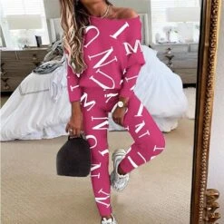 Women's Letter Print Lounge Sets Sweatsuit 2 PcsCrew Neck Long Sleeve Tops & Slim Pants Outfits Sport Comfort Home Street Vacation Polyester Off Shoulder Fall Winter S 2XL Black White -Deals The Sexy Bra Store svxsne1695700913432
