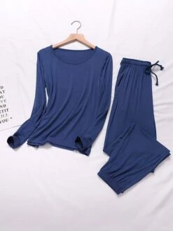 Women's Pajamas Sets Pure Color Casual Comfort Soft Home Daily Vacation Modal Crew Neck Long Sleeve T Shirt Tee Pocket Fall Winter Light Pink Matcha Green -Deals The Sexy Bra Store swxhbs1693467428709