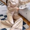 Women's Pajamas Sets Pure Color Casual Comfort Soft Home Daily Bed Satin Breathable Lapel Long Sleeve Shirt Pant Button Summer Fall Light Green Pink