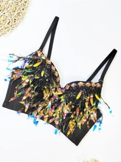 Women's Rhinestone Corset Bustier Feather Undergarments Home Daily Bed Polyester Breathable Straps Sleeveless Backless Summer Spring Black White -Deals The Sexy Bra Store syjqvy1696315687756