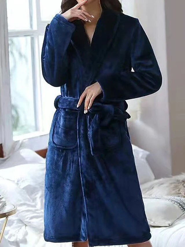 Women's Warm Robe Bathrobe Robes Gown Pure Color Fashion Casual Comfort Home Daily Bed Polyester Lapel Long Sleeve Fall Winter Light Grey Dark Blue 4 Women's Warm Robe Bathrobe Robes Gown Pure Color Fashion Casual Comfort Home Daily Bed Polyester Lapel Long Sleeve Fall Winter Light Grey Dark Blue - Image 4