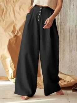Women's Loungewear Pants Lounge Pants Pure Color Fashion Simple Casual Street Date Airport Cotton And Linen Breathable Long Pant Button Summer Spring Black Green -Deals The Sexy Bra Store szscam1685617397776