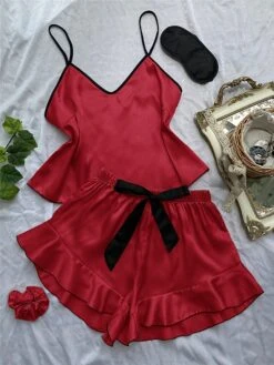 Women's Pajamas Pajama Top And Pant Sets Pure Color Simple Casual Soft Home Daily Bed Satin Breathable Straps Short Sleeve Strap Top Shorts Summer Spring Lotus Pink Black -Deals The Sexy Bra Store taqzwb1680597775473