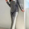 Women's Pajamas Sets Pure Color Maillard Fashion Casual Soft Home Daily Bed Polyester Breathable V Wire Long Sleeve Pant Fall Winter Gray