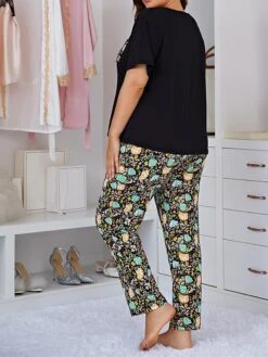 Women's Plus Size Loungewear Sets Flower Fashion Comfort Soft Home Daily Bed Polyester Breathable V Wire Short Sleeve T Shirt Tee Pant Pocket Fall Winter NNS52M-Black -Deals The Sexy Bra Store tbhwft1693986213470