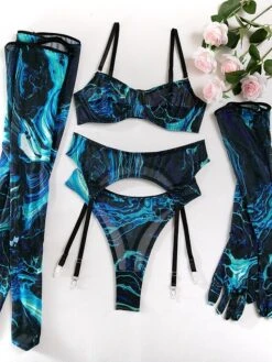 Women's Sexy Lingerie Sets 5 Pieces Pure Color Lovers Hot Home Bed Date Polyester Breathable Straps Sleeveless Backless Summer Spring Black Blue -Deals The Sexy Bra Store tbkflb1695712957552