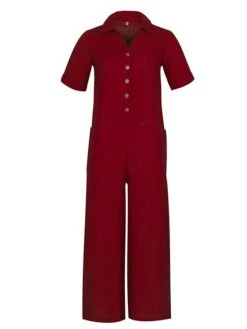 Women's Pajamas Onesies Jumpsuits Nighty Pure Color Simple Comfort Home Street Cotton Lapel Short Sleeve Spring Summer Wine Navy Blue / Pjs -Deals The Sexy Bra Store tbpycg1649237477750