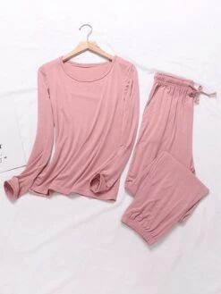 Women's Pajamas Sets Pure Color Casual Comfort Soft Home Daily Vacation Modal Crew Neck Long Sleeve T Shirt Tee Pocket Fall Winter Light Pink Matcha Green -Deals The Sexy Bra Store tcicsu1693467425478