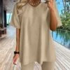 Women's Loungewear Sets Pure Color Fashion Comfort Soft Street Daily Going Out Cotton Spandex Jersey Breathable V Wire Short Sleeve Shorts Elastic Waist Summer Spring Lake Blue Lotus Pink