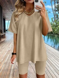 Women's Loungewear Sets Pure Color Fashion Comfort Soft Street Daily Going Out Cotton Spandex Jersey Breathable V Wire Short Sleeve Shorts Elastic Waist Summer Spring Lake Blue Lotus Pink