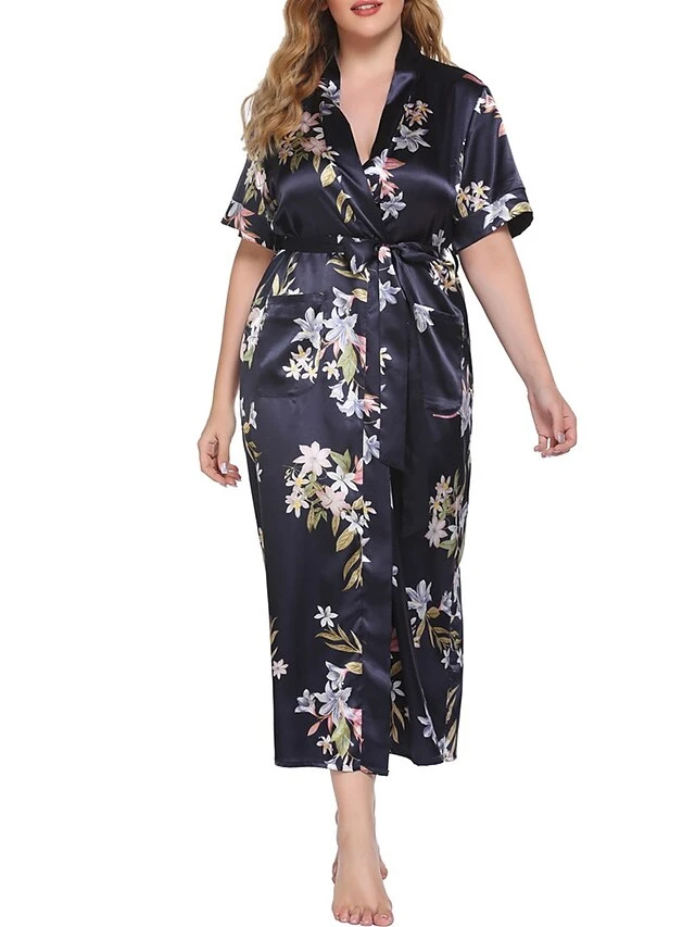 Women's Plus Size Loungewear Bathrobe Robes Gown Nightgown Flower Casual Comfort Soft Home Daily Bed Polyester Breathable V Wire Short Sleeve Dress Spring Summer Light Pink Black 6 Women's Plus Size Loungewear Bathrobe Robes Gown Nightgown Flower Casual Comfort Soft Home Daily Bed Polyester Breathable V Wire Short Sleeve Dress Spring Summer Light Pink Black - Image 6