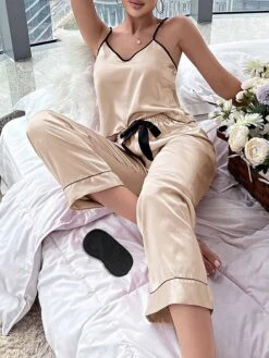 Women's Pajamas Pajama Top And Pant Sets Pure Color Simple Casual Soft Home Daily Bed Satin Breathable Straps Sleeveless Strap Top Pant Summer Spring Lotus Pink Black -Deals The Sexy Bra Store teuxvz1680597777131