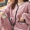 Women's Pajamas Sets Pure Color Warm Comfort Soft Home Daily Bed Flannel Warm Breathable Crew Neck Long Sleeve Cardigan Pant Button Pocket Fall Winter JY5128 JY5136