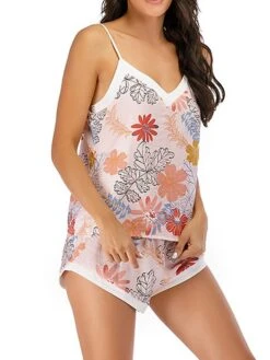 Women's Pajamas Pajama Top And Pant Sets Flower Leaves Fashion Casual Soft Home Daily Bed Lace Breathable Straps Sleeveless Strap Top Shorts Summer Spring Light Pink Yellow -Deals The Sexy Bra Store tfvobm1681464655448
