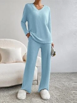 Women's Loungewear Sets Knit Drop Shoulder Tee Sweater And Pants Pure Color Home Street Daily Polyester Breathable V Wire Long Sleeve Sweater Pant Pocket Fall Winter Black Blue -Deals The Sexy Bra Store tgxqig1692950066053