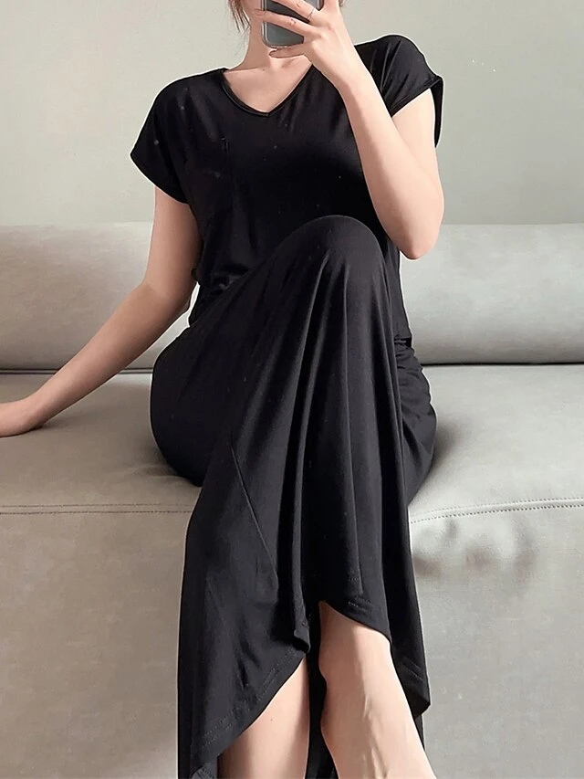 Women's Loungewear Sets Pure Color Casual Comfort Soft Home Daily Vacation Modal Breathable V Wire Short Sleeve T Shirt Tee Skirt Summer Fall Black Blue 10 Women's Loungewear Sets Pure Color Casual Comfort Soft Home Daily Vacation Modal Breathable V Wire Short Sleeve T Shirt Tee Skirt Summer Fall Black Blue - Image 10