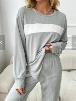 Women's Pajamas Sets Patchwork Fashion Casual Comfort Home Bed Polyester Warm Breathable Crew Neck Long Sleeve Pullover Pant Fall Winter Gray -Deals The Sexy Bra Store tijran1696837248842