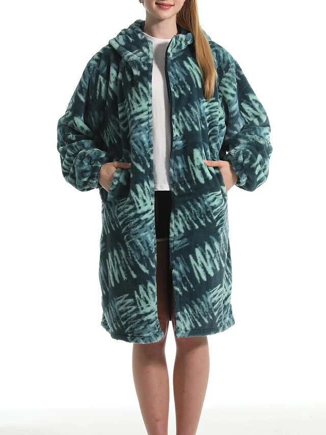 Women's Robe Tie Dye Geometic Plush Casual Comfort Home Daily Bed Flannel Warm Breathable Hoodie Long Sleeve Pocket Fall Winter Green 2 Women's Robe Tie Dye Geometic Plush Casual Comfort Home Daily Bed Flannel Warm Breathable Hoodie Long Sleeve Pocket Fall Winter Green - Image 2