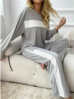 Women's Pajamas Sets Patchwork Fashion Casual Comfort Home Bed Polyester Warm Breathable Crew Neck Long Sleeve Pullover Pant Fall Winter Gray -Deals The Sexy Bra Store titjbk1696837249743