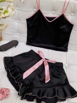 Women's Pajamas Pajama Top And Pant Sets Pure Color Simple Casual Soft Home Daily Bed Satin Breathable Straps Short Sleeve Strap Top Shorts Summer Spring Lotus Pink Black -Deals The Sexy Bra Store tivgpr1680597766563