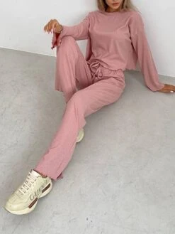 Women's Loungewear Sets Pure Color Fashion Comfort Soft Home Daily Bed Polyester Breathable Crew Neck Long Sleeve T Shirt Tee Pant Elastic Waist Fall Winter White Pink -Deals The Sexy Bra Store tiwmxv1693206732463