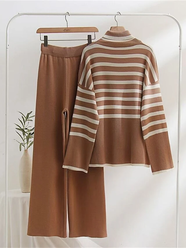 Women's Lounge Sets Striped Turtleneck Sweater And Wide Leg Pants Casual Comfort Home Street Daily Acrylic Breathable High Neck Long Sleeve Sweater Pant Fall Winter Black Brown 4 Women's Lounge Sets Striped Turtleneck Sweater And Wide Leg Pants Casual Comfort Home Street Daily Acrylic Breathable High Neck Long Sleeve Sweater Pant Fall Winter Black Brown - Image 4