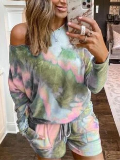 Women's Pajama Top And Pant Tie Dye Fashion Casual Soft Home Daily Bed Polyester Breathable One Shoulder Long Pant T Shirt Tee Shorts Summer Fall Light Green Blue -Deals The Sexy Bra Store tjucjd1690183494387