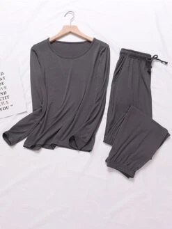 Women's Pajamas Sets Pure Color Casual Comfort Soft Home Daily Vacation Modal Crew Neck Long Sleeve T Shirt Tee Pocket Fall Winter Light Pink Matcha Green -Deals The Sexy Bra Store tjydyb1693467423589