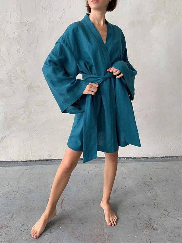 Women's Pajamas Bathrobe Robes Gown Pure Color Simple Casual Comfort Home Daily Bed Cotton And Linen Breathable V Wire Long Sleeve Fall Royal Blue Blue 2 Women's Pajamas Bathrobe Robes Gown Pure Color Simple Casual Comfort Home Daily Bed Cotton And Linen Breathable V Wire Long Sleeve Fall Royal Blue Blue - Image 2