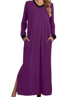 Women's Pajamas Nightgown Nightshirt Dress Patchwork Simple Casual Soft Home Daily Bed Cotton Warm Breathable V Wire Long Sleeve Pocket Summer Spring ArmyGreen Black -Deals The Sexy Bra Store tkmree1694417511113