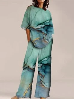 Women's Loungewear Sets Nighty 2 Pieces Gradient Fashion Comfort Home Street Cotton Spandex Jersey Crew Neck Short Sleeve T Shirt Tee Pant Spring Summer Green Blue