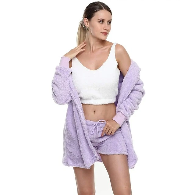 Women's Hooded Pajama Sets 3 Pieces Fluffy Fleece Long Sleeves Coat Shorts Vest For Winter Gift For Valentine's Day 13 Women's Hooded Pajama Sets 3 Pieces Fluffy Fleece Long Sleeves Coat Shorts Vest For Winter Gift For Valentine's Day - Image 13