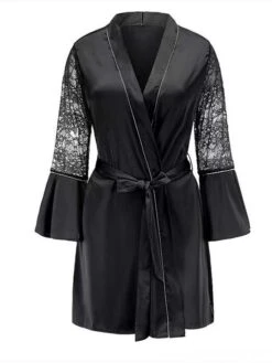 Women's Satin Silk Lace Robe Pajamas Nightgown Nightshirt Dress Pure Color Simple Casual Comfort Home Daily Bed Satin Breathable V Wire Long Sleeve Belt Included Fall Winter Black White -Deals The Sexy Bra Store tlhwia1697170324505