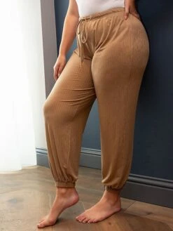 Women's Plus Size Loungewear Pants Pure Color Sport Simple Casual Home Daily Going Out Polyester Comfort Elastic Waist Fall Winter Khaki