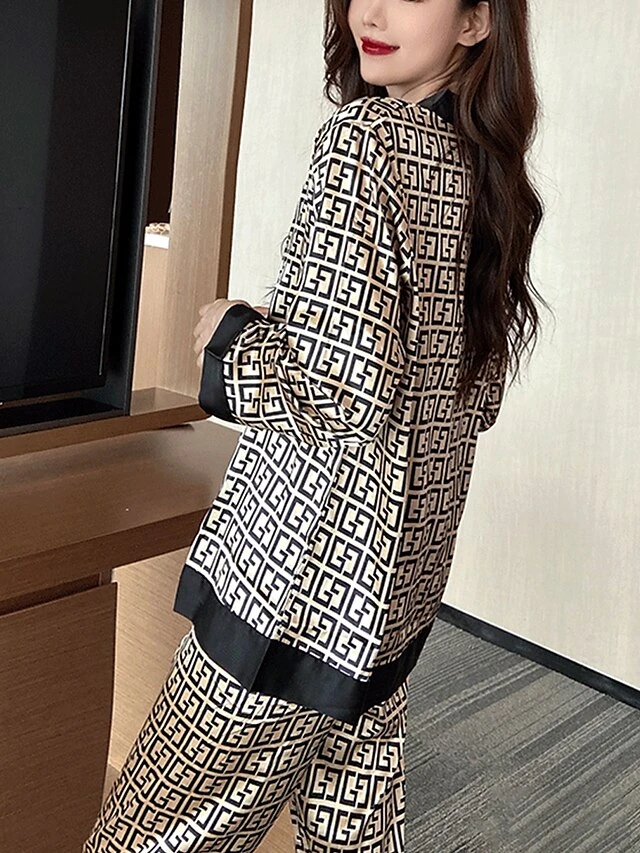 Women's Loungewear Sets 2 Pieces Grid / Plaid Fashion Casual Comfort Street Daily Date Polyester Breathable V Wire Long Sleeve Pant Button Fall Winter Black 4 Women's Loungewear Sets 2 Pieces Grid / Plaid Fashion Casual Comfort Street Daily Date Polyester Breathable V Wire Long Sleeve Pant Button Fall Winter Black - Image 4