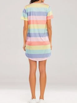 Women's Pajamas Nightgown Dress Rainbow Stripe Fashion Casual Soft Home Daily Bed Cotton Blend Breathable Crew Neck Short Sleeve Backless Summer Spring Blue Light Blue -Deals The Sexy Bra Store tocmtb1679451335999