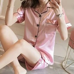 Women's Pajamas Sets Nighty Pjs 2 Pieces Pure Color Fashion Simple Comfort Home Daily Bed Satin Breathable Lapel Short Sleeve Shorts Elastic Waist Spring Summer Green Blue / Silk -Deals The Sexy Bra Store tqaqkf1637840355605