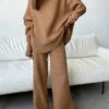 Women's Loungewear Sets Solid Turtle Neck Wide Leg Fashion Casual Comfort Home Street Daily Polyester Breathable High Neck Long Sleeve Sweater Pant Fall Winter Pink Brown