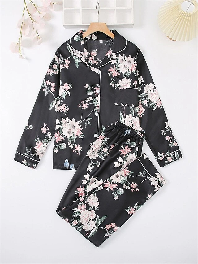 Women's Pajamas Sets Flower Fashion Comfort Soft Home Daily Bed Satin Breathable Lapel Long Sleeve Shirt Pant Button Pocket Fall Winter Black Gray 7 Women's Pajamas Sets Flower Fashion Comfort Soft Home Daily Bed Satin Breathable Lapel Long Sleeve Shirt Pant Button Pocket Fall Winter Black Gray - Image 7