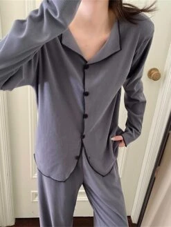 Women's Loungewear Sets Pure Color Fashion Comfort Soft Home Daily Bed Polyester Breathable Lapel Long Sleeve Pant Button Elastic Waist Fall Winter White Brown -Deals The Sexy Bra Store tqpgfq1692348338253