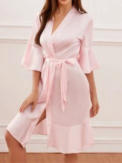 Women's Pajamas Robe Bathrobe Silk Robe Pure Color Fashion Comfort Wedding Party Satin Breathable V Wire Half Sleeve Summer Fall Light Pink Light Blue -Deals The Sexy Bra Store tshirb1692779763015