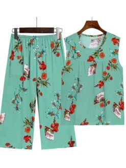 Women's Plus Size Pajama Cotton Top And Pant Sets 2Pcs Floral Print Fashion Casual Comfort Home Daily Vacation Breathable Crew Neck Sleeveless Tank Top Pants Summer Spring Yellow Light Green -Deals The Sexy Bra Store ttsmmt1683783102716