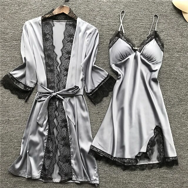Women's Lace Satin Silk Pajamas Sets 4 Pcs Home Party Daily St.Patrick's Day Elastic Waist Pure Color Satin Simple Casual Soft Strap Top Shorts Fall Winter Spring Strap Short Sleeves Long Sleeve 8 Women's Lace Satin Silk Pajamas Sets 4 Pcs Home Party Daily St.Patrick's Day Elastic Waist Pure Color Satin Simple Casual Soft Strap Top Shorts Fall Winter Spring Strap Short Sleeves Long Sleeve - Image 8