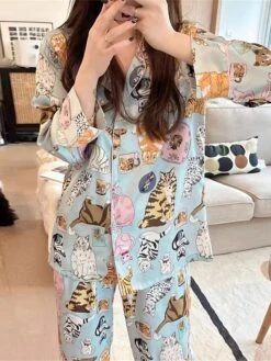 Women's Loungewear Sets 2 Pieces Cat Fashion Casual Comfort Street Daily Date Polyester Breathable Lapel Long Sleeve Pant Fall Winter Blue -Deals The Sexy Bra Store ttycny1692257108731