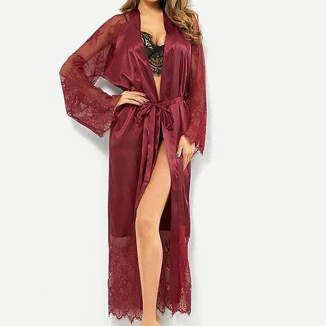 Women's Bathrobe Robes Gown Nighty Silk Kimono 1 PCS Pure Color Simple Casual Comfort Party Home Wedding Party Satin Gift V Neck Long Sleeve Lace Belt Included Summer Spring Black White 1 Women's Bathrobe Robes Gown Nighty Silk Kimono 1 PCS Pure Color Simple Casual Comfort Party Home Wedding Party Satin Gift V Neck Long Sleeve Lace Belt Included Summer Spring Black White