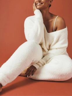 Women's Pajamas Sets Pure Color Warm Fashion Casual Home Daily Bed Polyester Breathable Crew Neck Long Sleeve Pant Fall Winter White Pink -Deals The Sexy Bra Store twevoi1692348316782