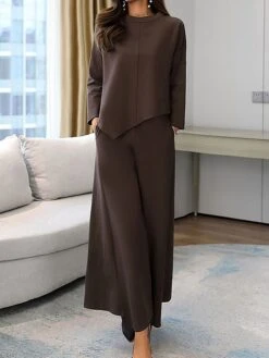 Women's Plus Size Loungewear Sets Pure Color Fashion Casual Comfort Home Street Daily Cotton Breathable Crew Neck Long Sleeve T Shirt Tee Pant Pocket Fall Winter Black Brown -Deals The Sexy Bra Store txlqgv1694157737092